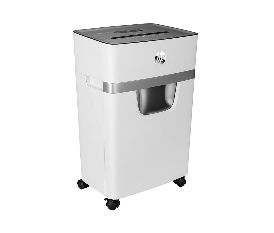 Weißer HP Aktenvernichter OneShred 10MC auf vier Rädern.