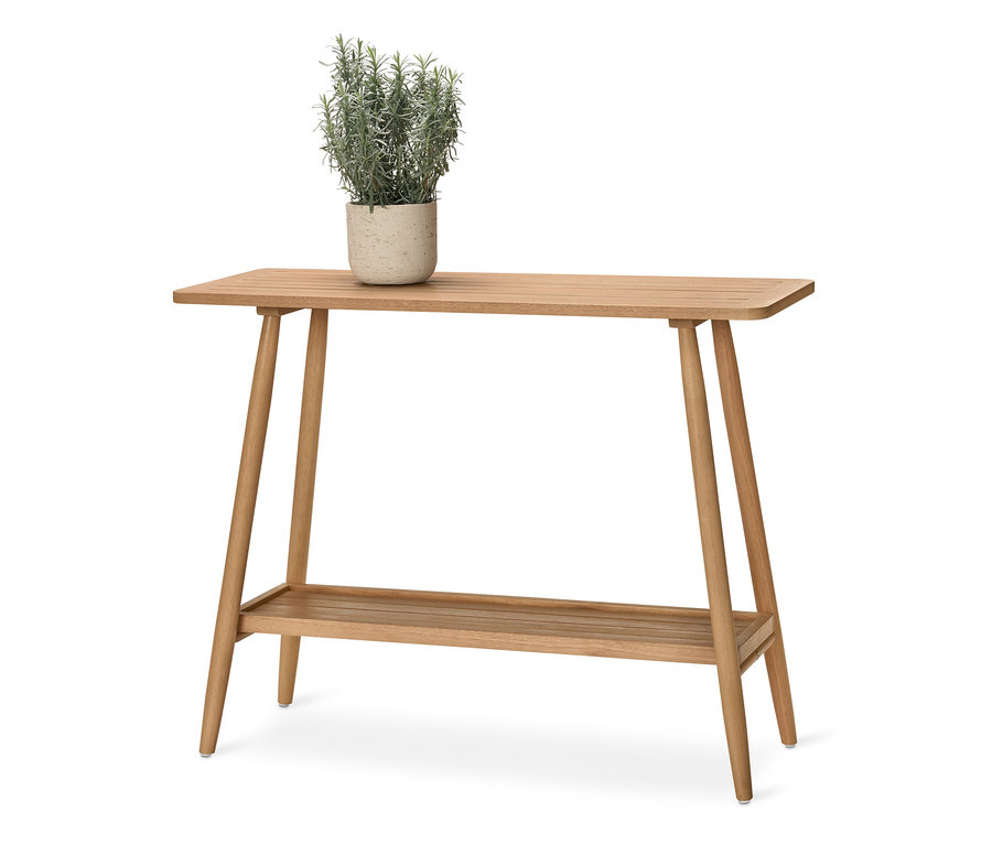 Ein Konsolentisch mit 2 Ebenen. Auf der oberen Ebene steht ein Blumentopf mit einer Pflanze.