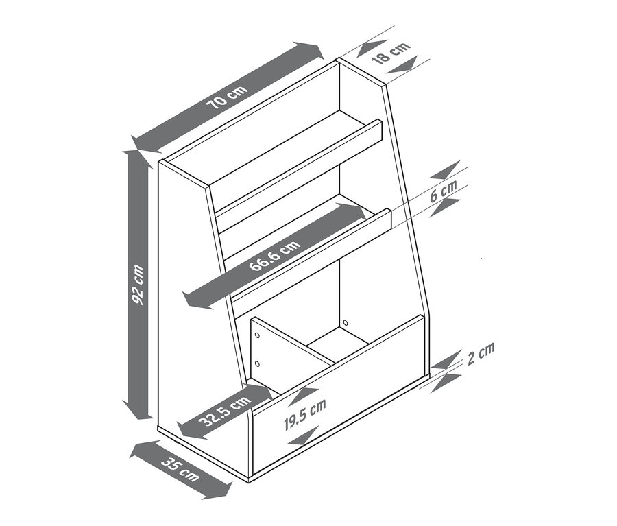 Abbildung eines Stufenregals mit Maßangaben.