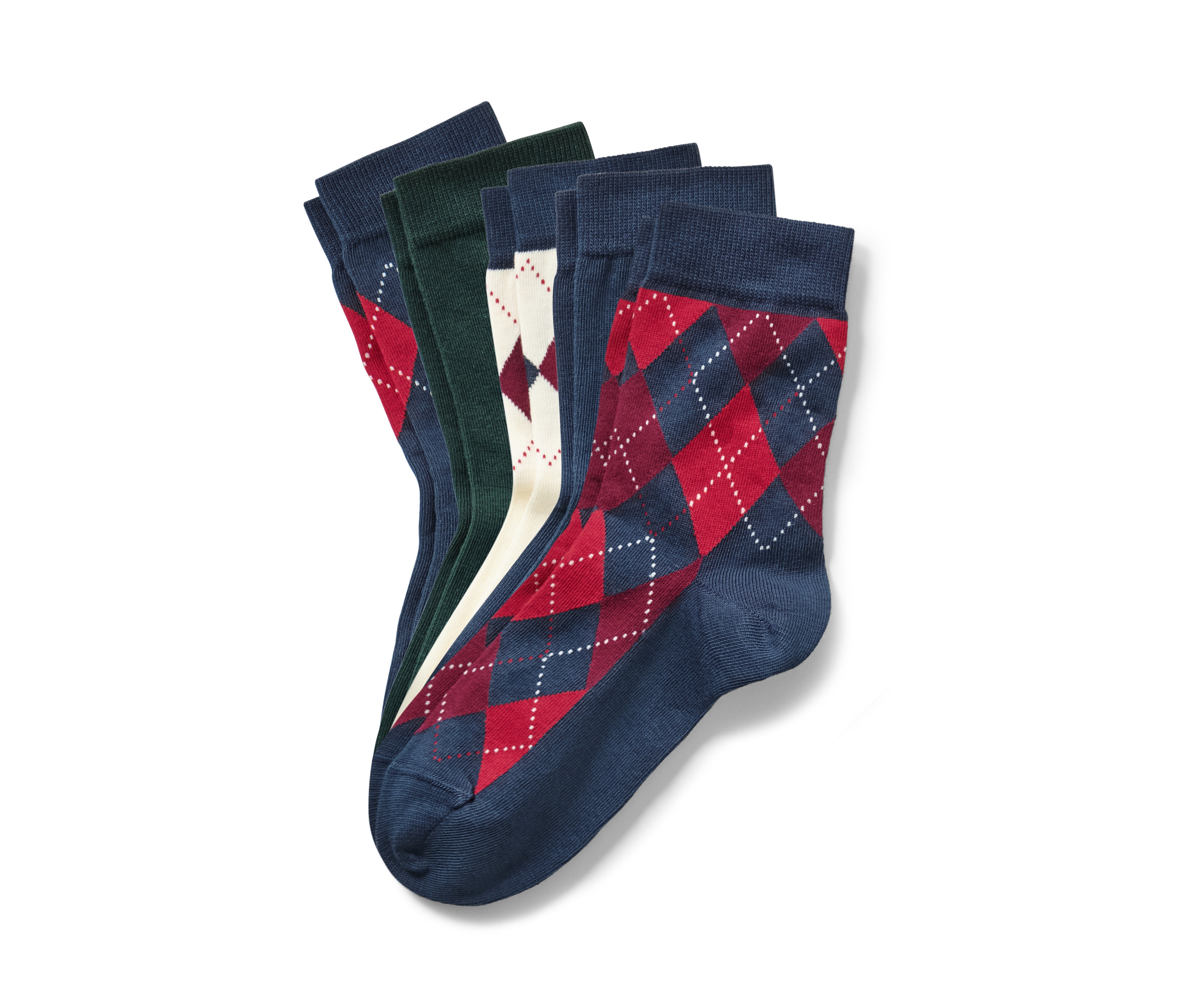 Fünf Paar Socken mit Rautenmuster in den Farben Blau, Grün und Creme.