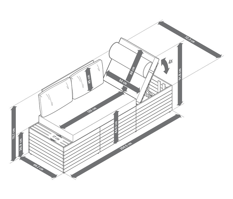 Abmessungen eines grau und schwarzen 2-in-1 Sofa-Liege mit Relax-Komfort-Kissen.