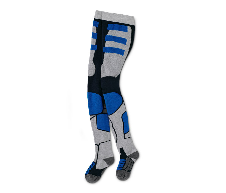 Graue Skistrumpfhose mit blauen und schwarzen Details.