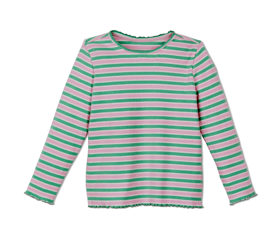 Geripptes, langärmeliges Shirt in Rosa und Grün gestreift.