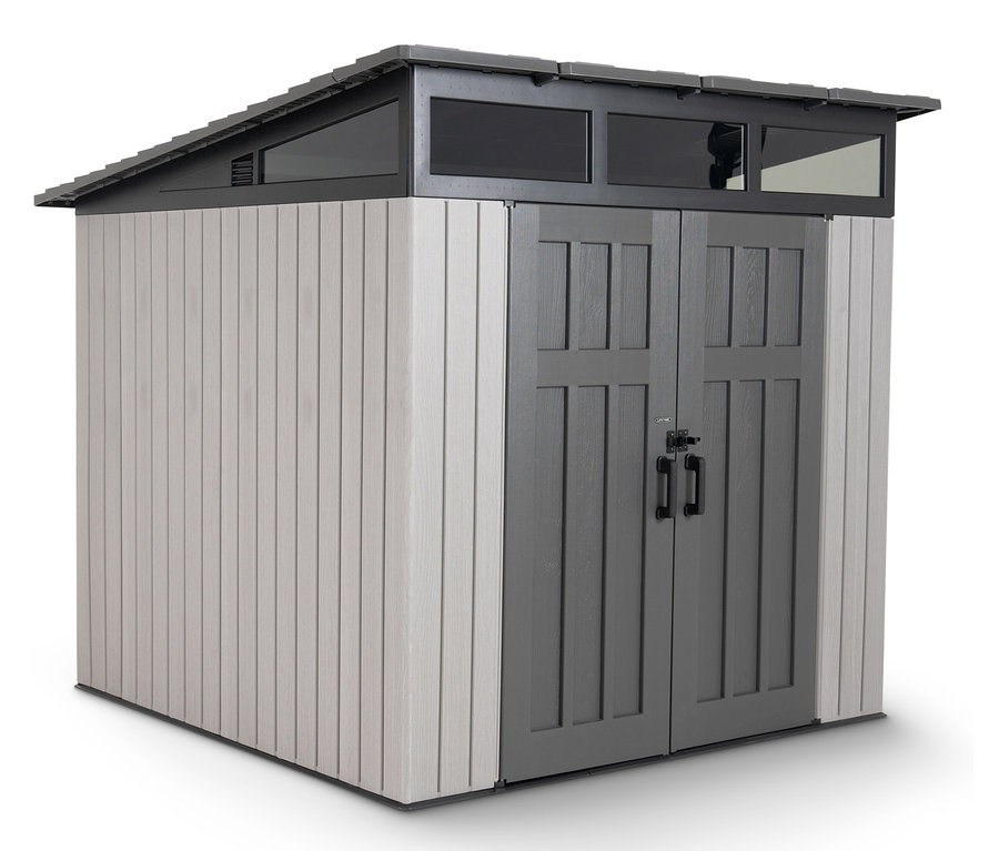 Grau-weißes Gerätehaus mit Pultdach und Doppeltür.