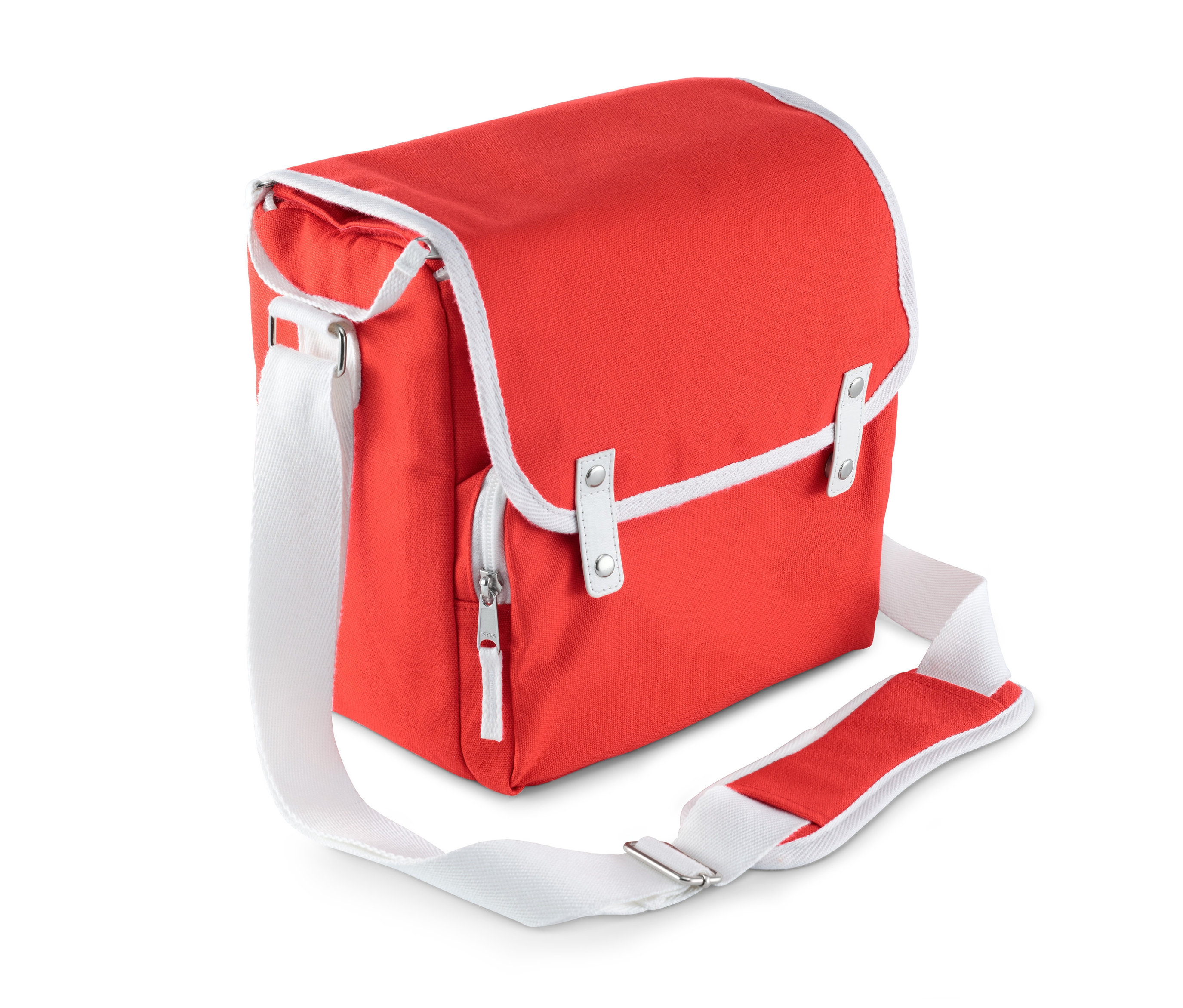 Eine rote Mini-Kühltasche mit weißen Details und einem Trageriemen.