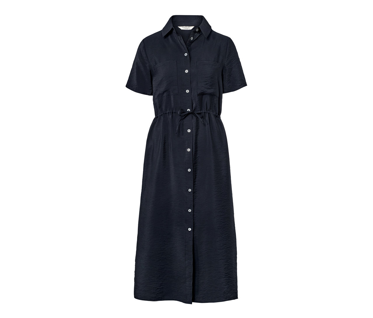 Ein blaues Hemdblusenkleid mit Knöpfen und kurzen Ärmeln.