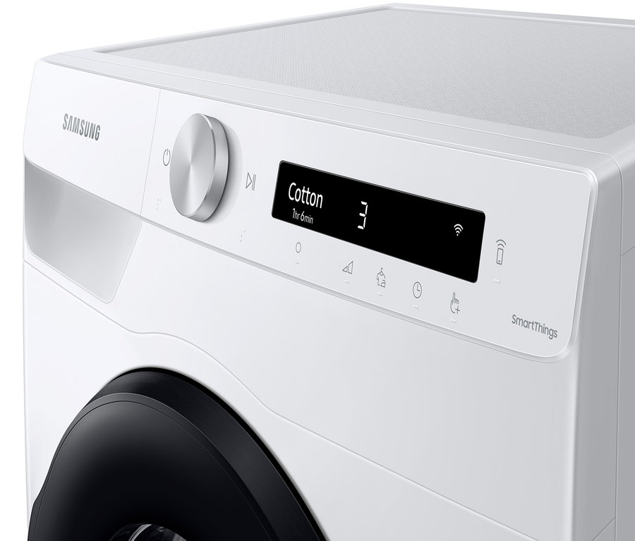 Detailansicht eines weißen SAMSUNG DV90T5240AW/S2 Wärmepumpentrockners.