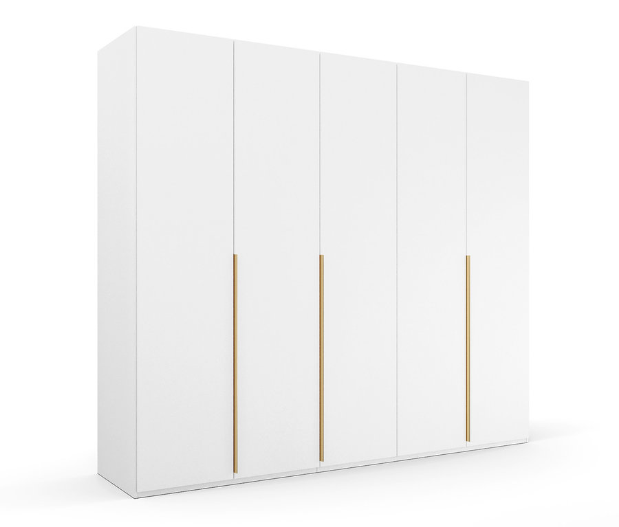 Weißer, fünftüriger Drehtürenschrank »Skat Glamour« von Rauch mit langen goldenen Griffen.
