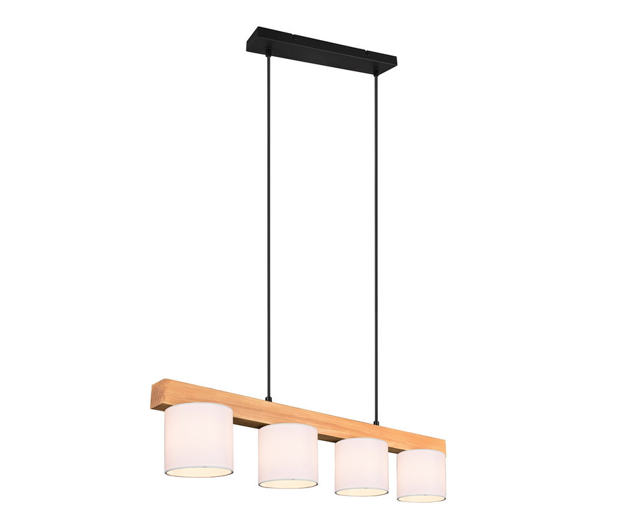 Vier weiße Lampenschirme hängen an einem Holzbalken, der an einer schwarzen Montageplatte befestigt ist. Trio Pendelleuchte »Cameron«, weiß