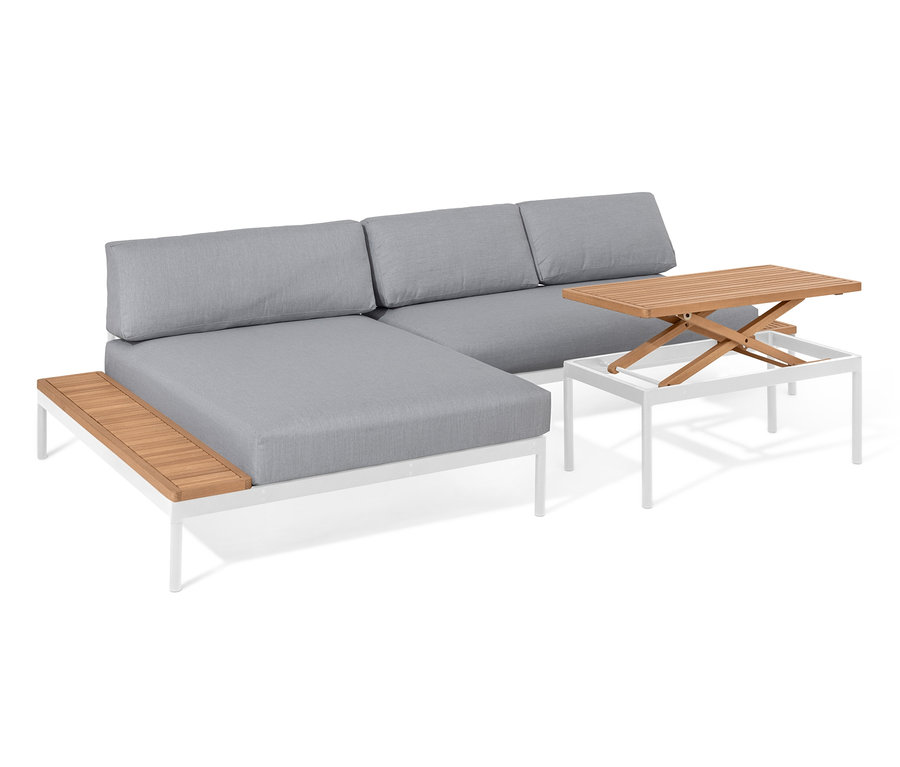 Lounge-Ecke »Liska« mit höhenverstellbarem Couchtisch. Die Eckcouch hat graue Polster und ein weißes Gestell.