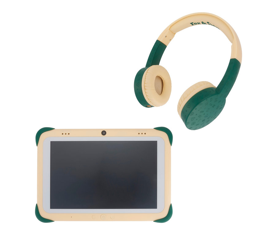 Ein Kinder Tablet und Kopfhörer liegen auf einem weißen Hintergrund.