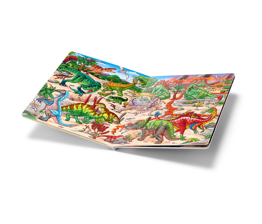 Aufgeschlagenes Buch »Dinosaurier Wimmelbuch« zeigt Illustrationen verschiedener Dinosaurier in einer Landschaft.