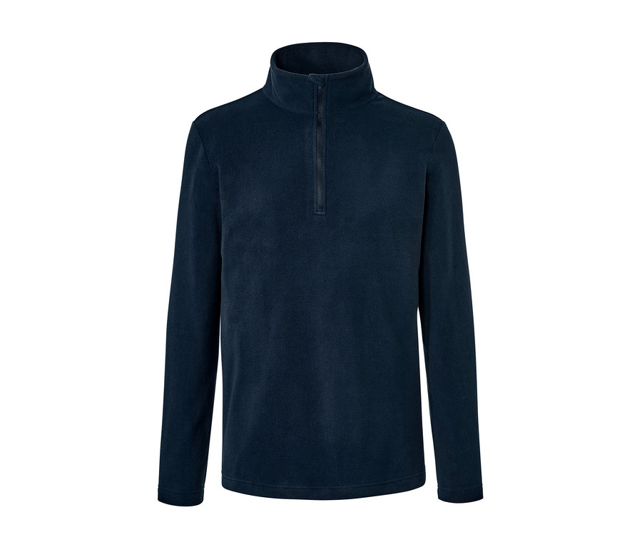 Dunkelblaues Mircofleece-Shirt mit langen Ärmeln und Reißverschluss am Hals.