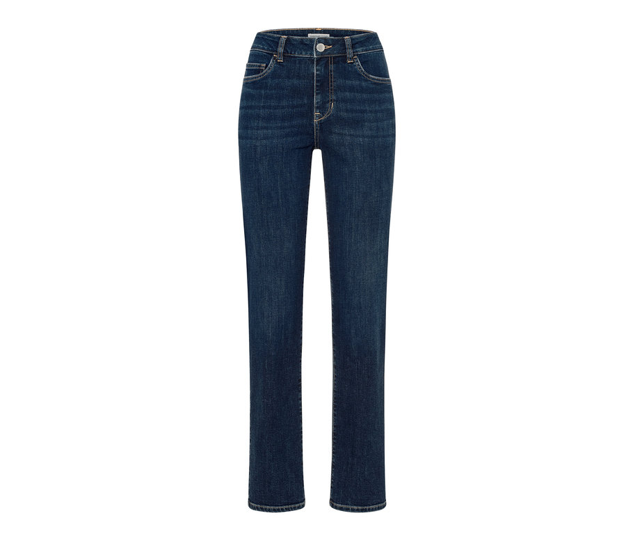 Dunkelblaue Straight Jeans – Fit »Kira« auf weißem Hintergrund.