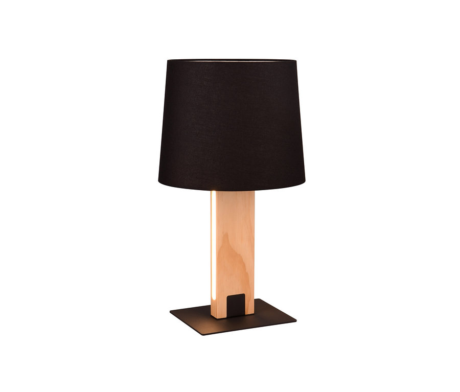 Trio Tischleuchte »Rahul« mit schwarzem Schirm und Holzfuß.