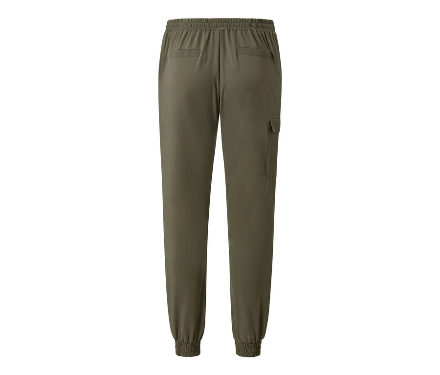 Khakifarbene Softshel-Joggpants von hinten.