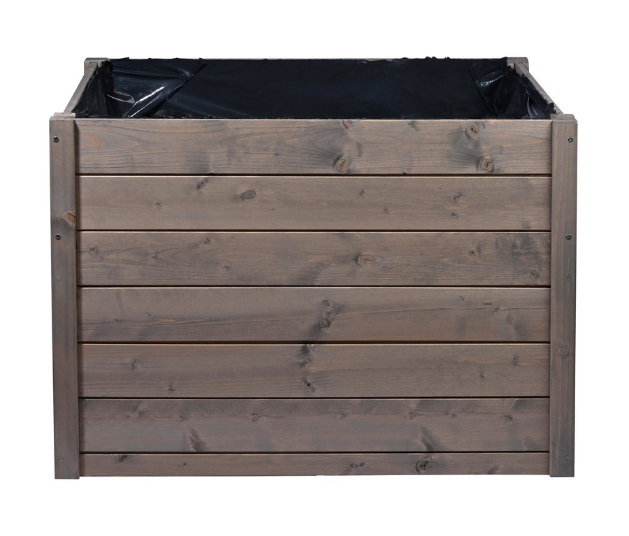 Mährobotergarage mit Pflanzkasten aus Holz.