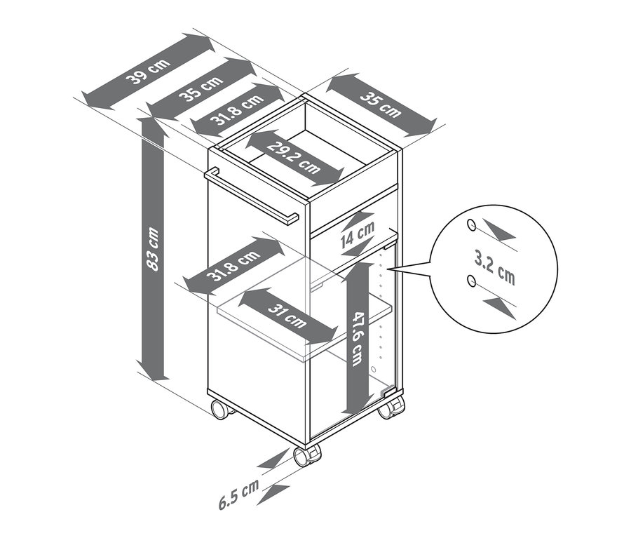 Illustration eines Beistellwagens fürs Bad mit den angegebenen Maßen.