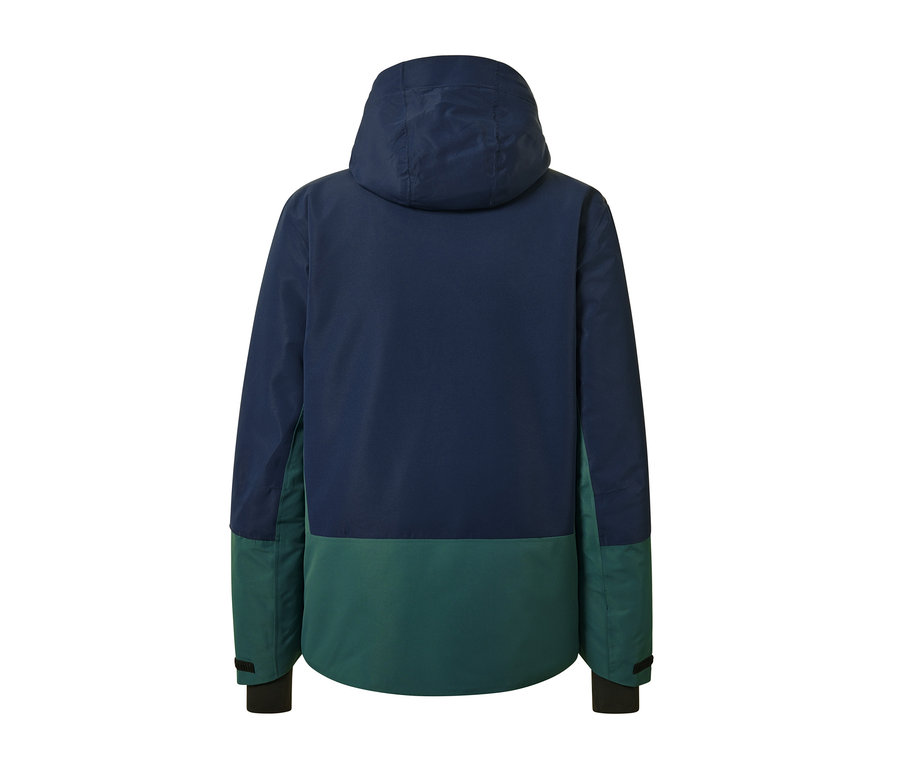 Detailansicht der Rückseite einer blau-grünen Skijacke.