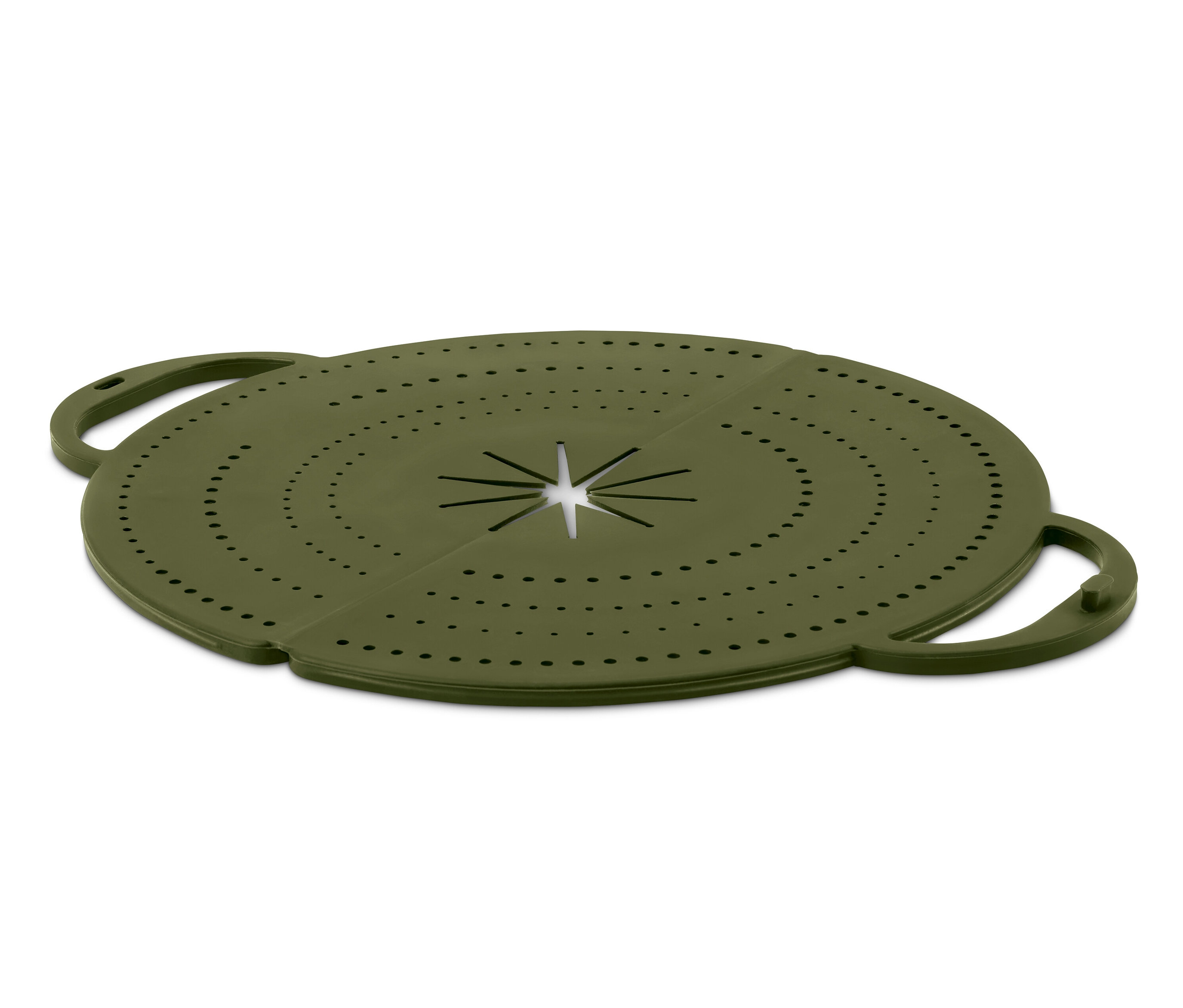 Grüner 4-in-1-Pfannenspritzschutz mit Löchern.