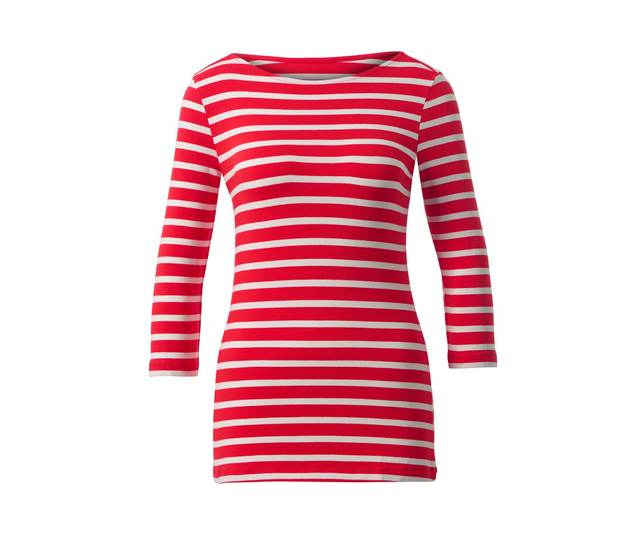 Gestreiftes Shirt mit 3/4-Arm, rot-weiß gestreift.