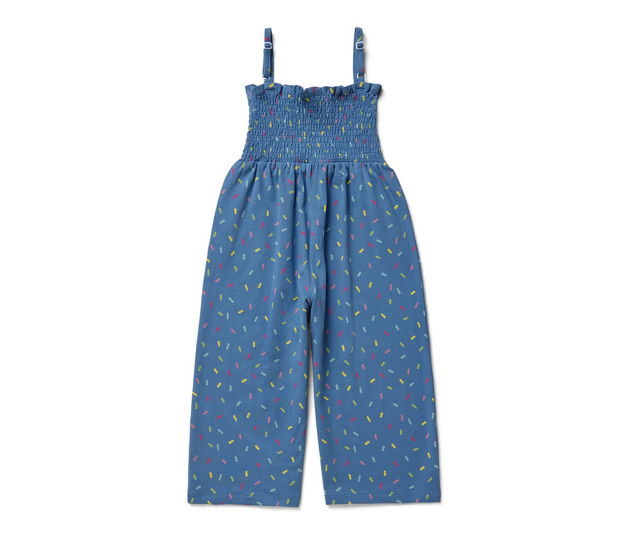 Blauer Jumpsuit in 7/8-Länge mit buntem Konfetti-Print.