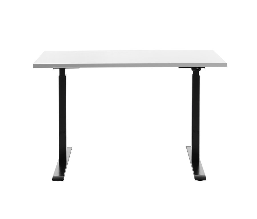 Weißer, elektrisch höhenverstellbarer Topstar Schreibtisch mit schwarzen Beinen.