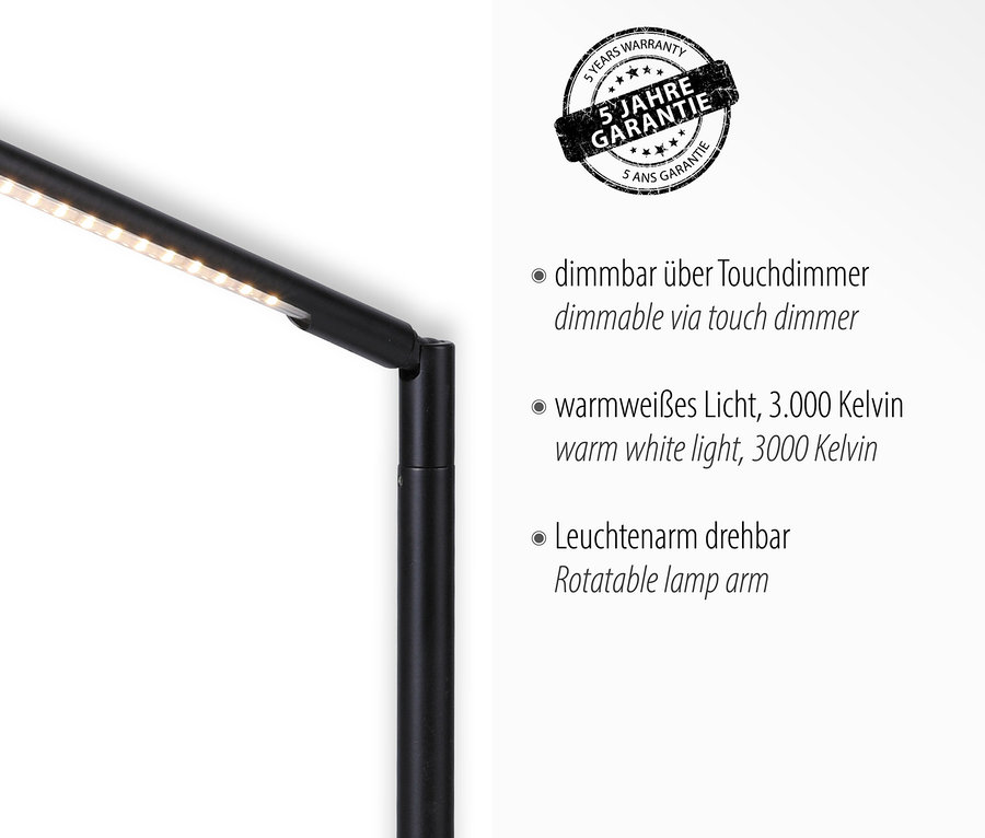 Schwarze Tischleuchte "Dawda" mit drehbarem Leuchtenarm und Touchdimmer.