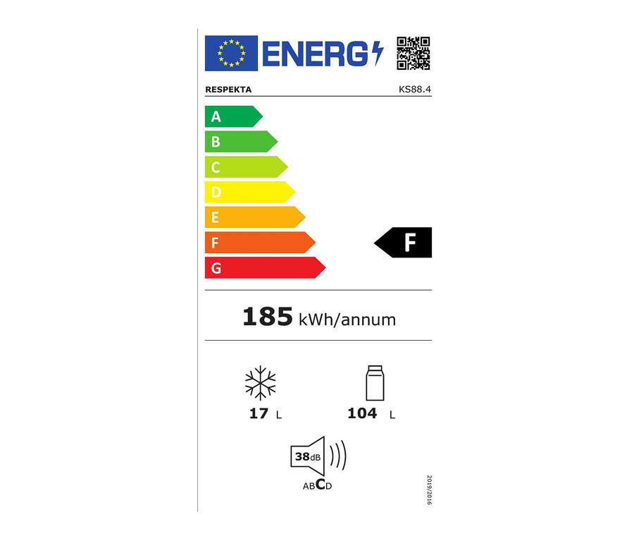 Energielabel des Respekta Einbaukühlschranks KS88.4, Klasse F, mit einem jährlichen Verbrauch von 185 kWh.