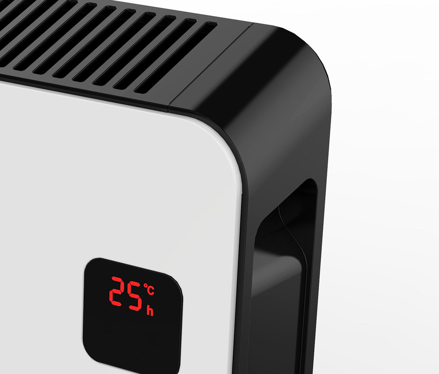Detailaufnahme eines weißen Konvektionsheizgeräts »NDFL1709R« mit schwarzen Akzenten und digitaler Anzeige, die 25 Grad Celsius anzeigt.