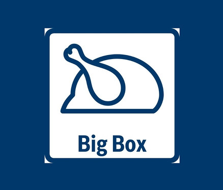 Blaues Symbol mit einem Huhn und dem Text "Big Box" in einem weißen Rahmen.