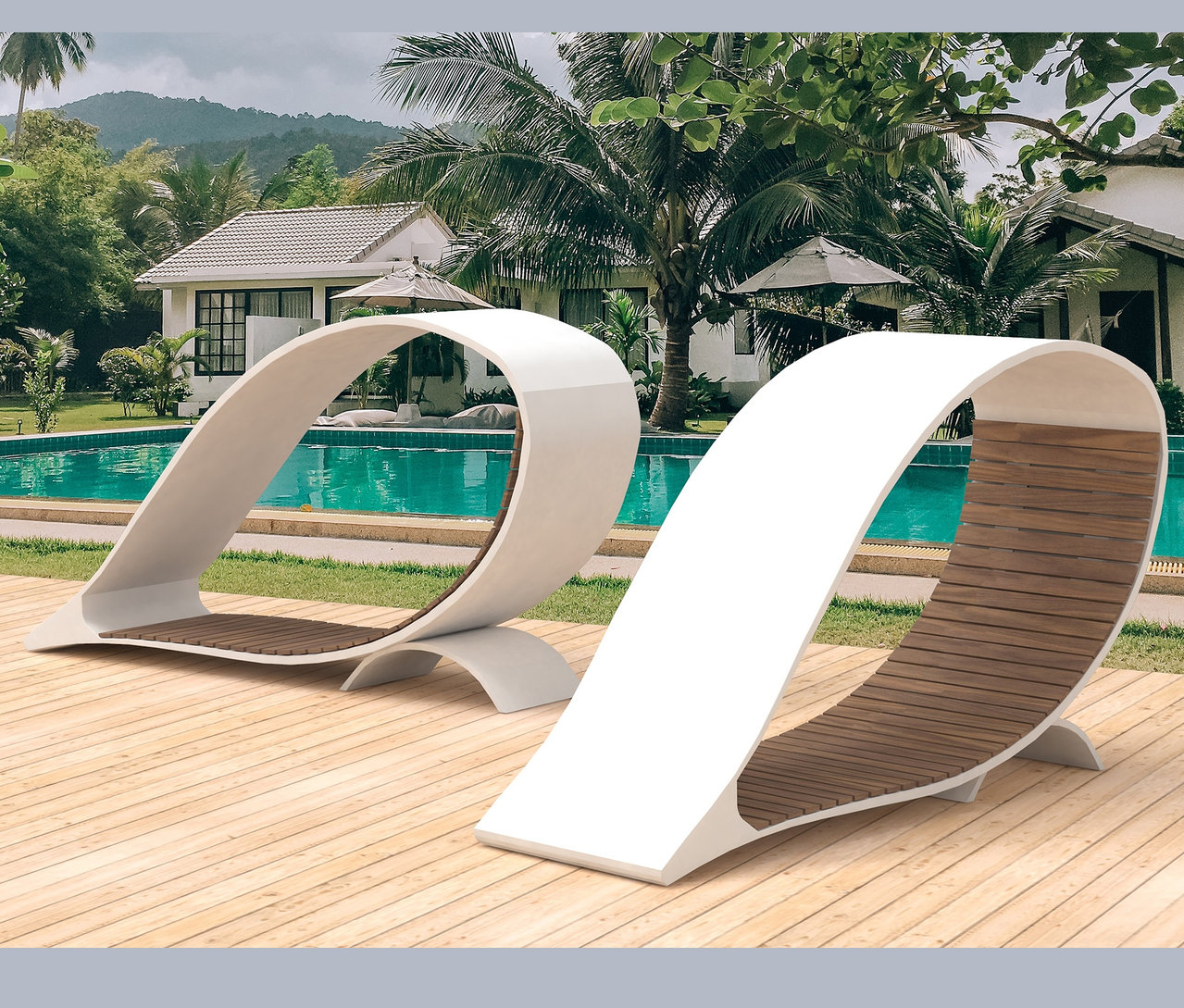 Zwei weiße Wings for Living Liegen »Ibiza« stehen auf einer Holzterrasse neben einem Pool.