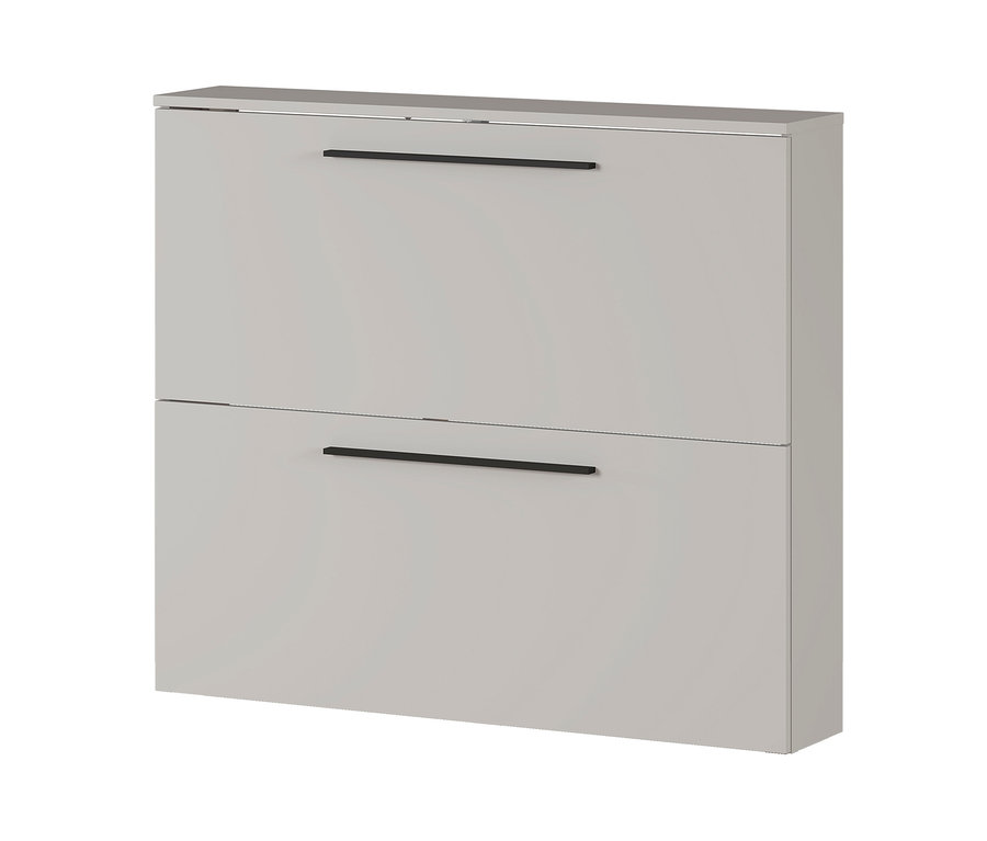 Detailaufnahme eines zweitürigen Schuhschranks »Utah« in Kaschmirfarbe mit schwarzen horizontalen Griffen.