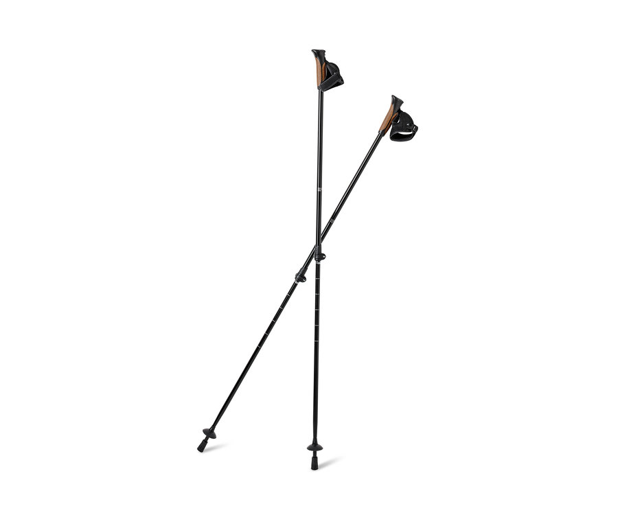 Zwei schwarze Teleskop-Walkingstöcke sind übereinander gekreuzt.