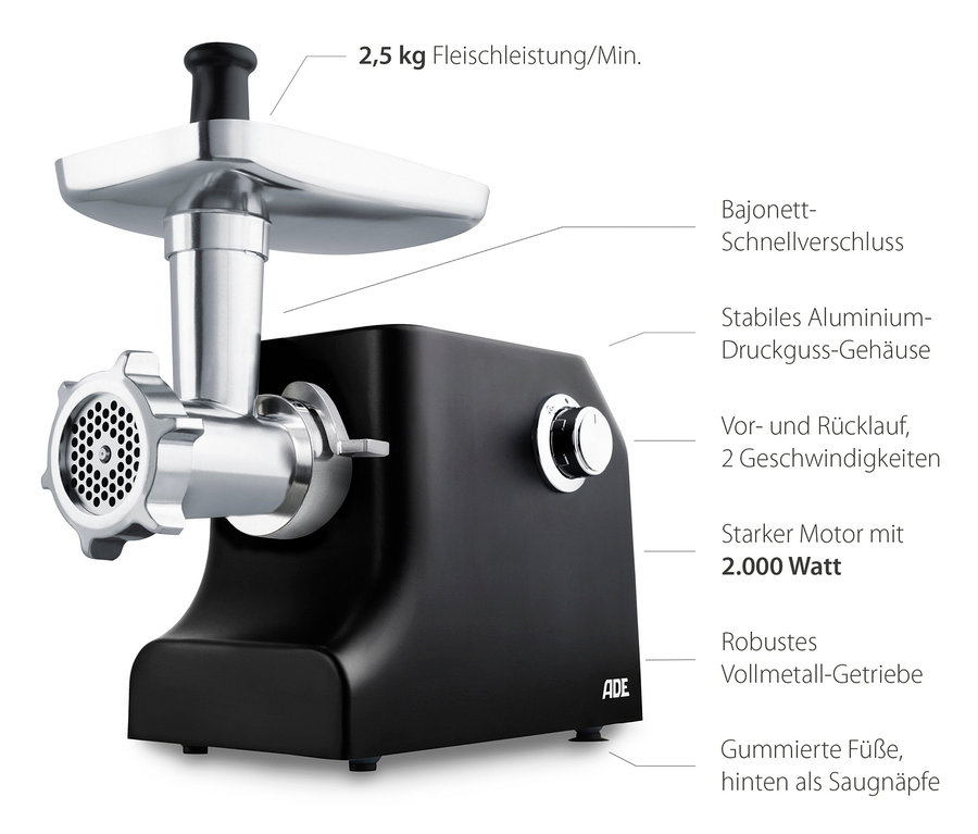 Schwarzer ADE Elektrischer 2-in-1-Fleischwolf mit Spritzgebäckpresse.