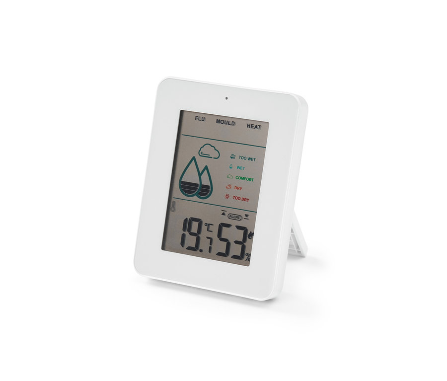Digitales Hygrometer mit Schimmelalarm zeigt 19,7°C und 53% Luftfeuchtigkeit.
