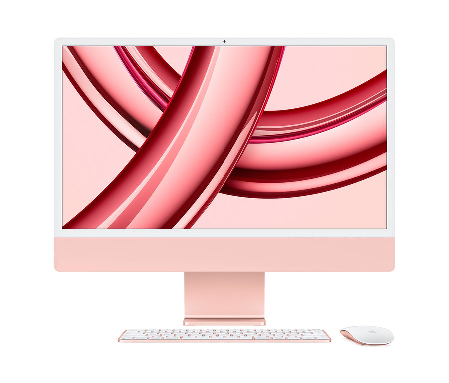 Ein rosafarbener Apple iMac mit Tastatur und Maus.