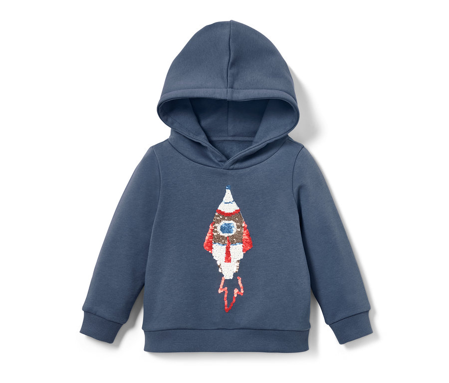 Blaues Kinder-Sweatshirt mit Kapuze und Raketen-Applikation mit Wendepailletten.