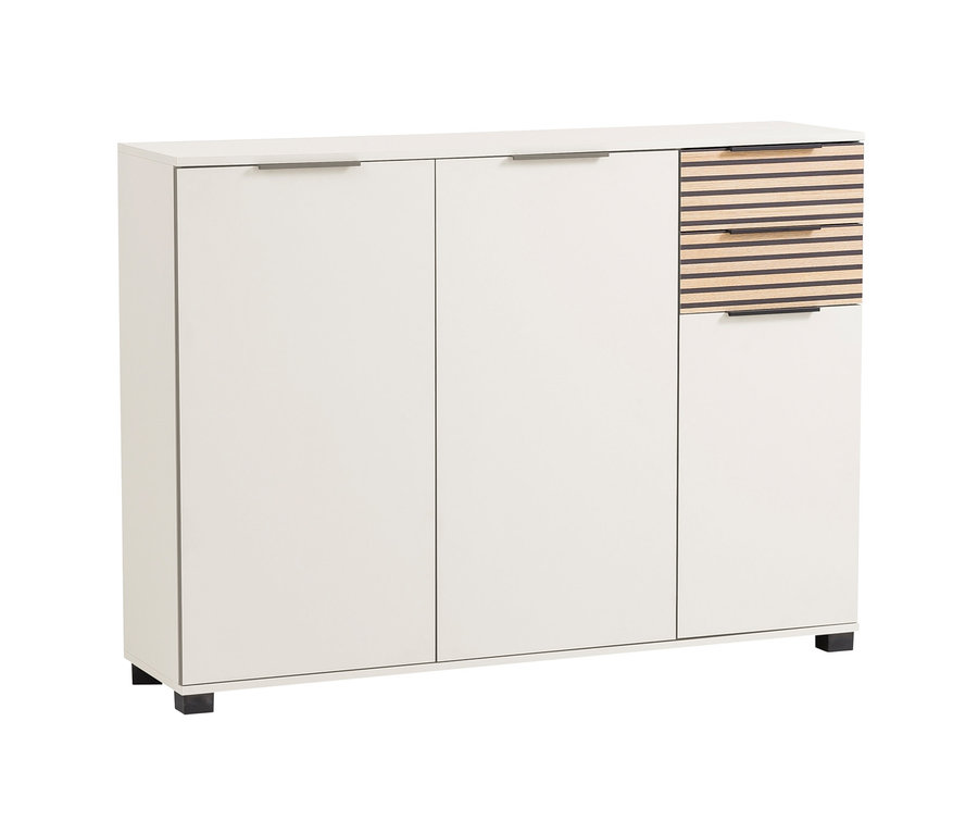 Weißer Schuhschrank »Alexa« mit drei Türen und Schubladen mit Holzlamellen.