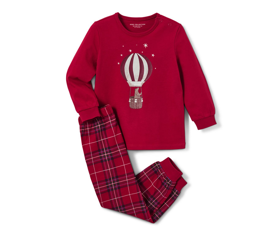 Roten Kinder-Pyjama »Ballon«, glow in the dark. Das Set besteht aus einem langärmligen Oberteil und einer karierten Hose.