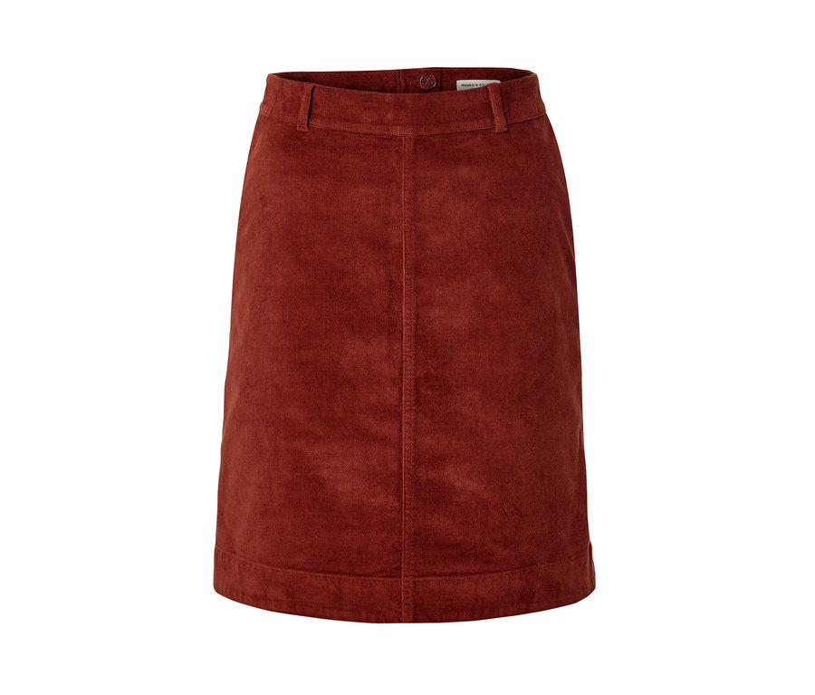 Detailansicht eines braunen Cordrocks.