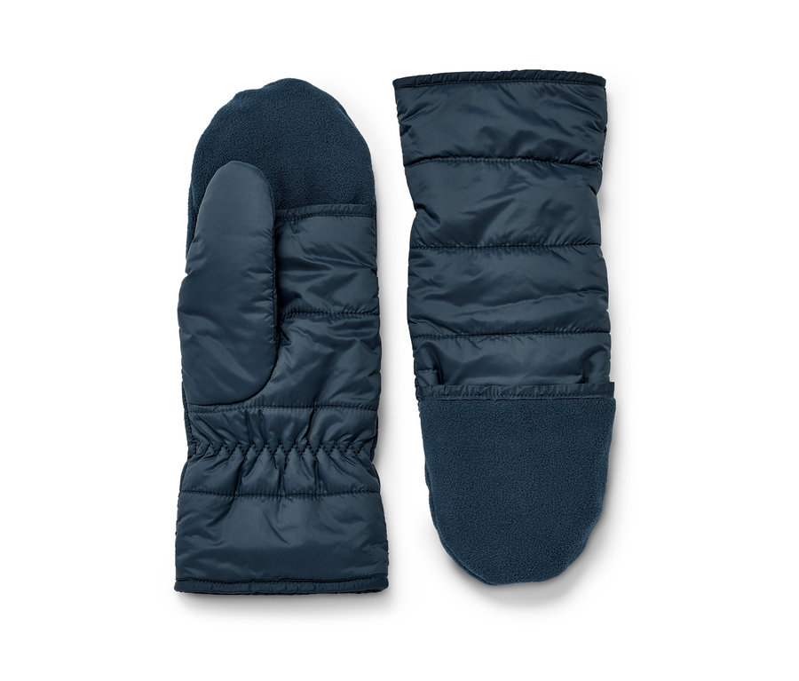 Zwei marineblaue Stepp-Klappfäustlinge liegen nebeneinander auf einem weißen Hintergrund.