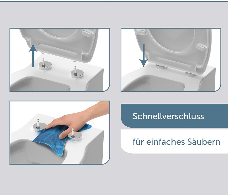 Montage und Reinigung des Duroplast WC-Sitzes Slim Black werden dargestellt.