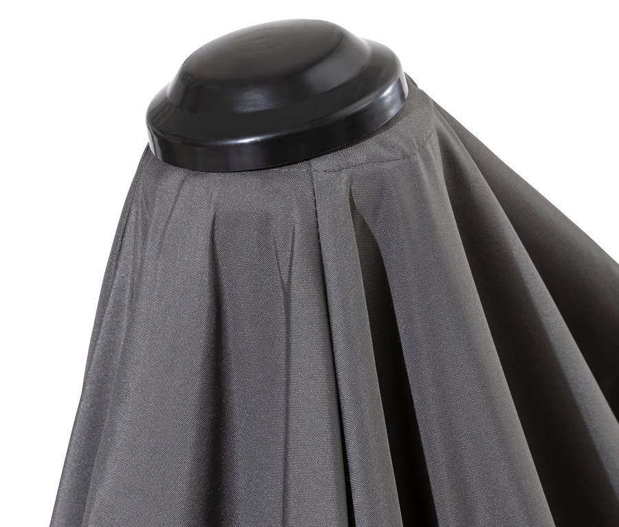 Detailaufnahme eines anthrazitfarbenen Leco Doppel-Sonnenschirms.