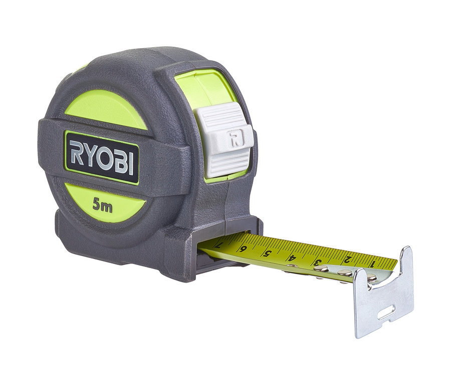 Detail eines grau-grünen Ryobi Rollbandmaßes.