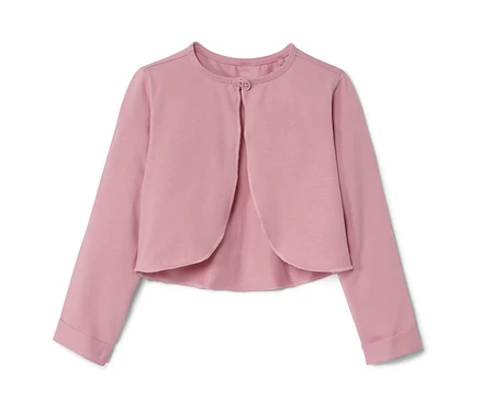 Rosa Baby-Bolero-Jacke mit langen Ärmeln und einem Knopf in der Mitte.