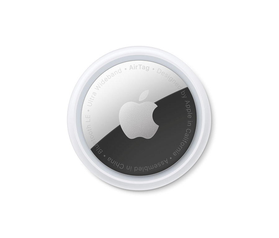 Weißer Apple AirTag mit Apple Logo in der Mitte.