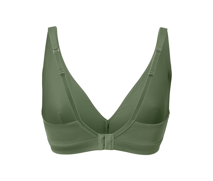 Rückansicht eines olivgrünen Komfort-Soft-BHs mit verstellbaren Trägern und Hakenverschluss.