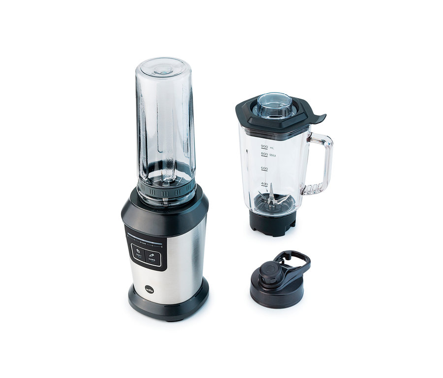 Silberner Wilfa Mixer »ACTIVLIFE B2GS-T« mit transparentem Behälter und Deckel.