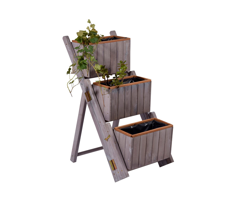 Graue Pflanztreppe mit 3 Pflanzkästen und Pflanzen.